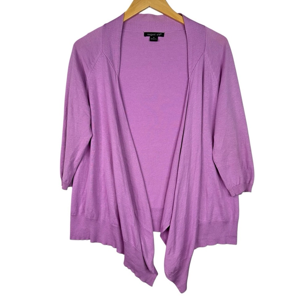 August Silk Waterfall Open Front Cardigan Silk Cotton Lavender Draped High Low M